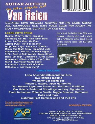 open zoom image for Guitar Method In The Style Of Van Halen Video, Back Cover