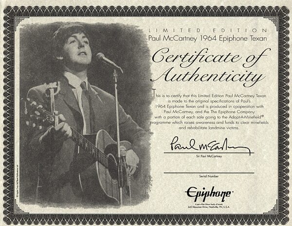 open zoom image for Epiphone Paul McCartney 1964 USA Texan Autographed Acoustic Guitar (with Case), Certificate
