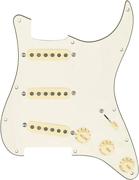 open zoom image for 920D Custom Texas Vintage Loaded Pickguard for Stratocaster, Parchment/Aged White, SLPG-TVTG-AW-PPG-S5W, 5-Way Wiring Harness, Action Position Back