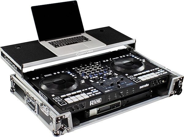 open zoom image for Odyssey Rane Four 1U-Flight Case with Glide Style Laptop Platform and Wheels, Standard Black/Silver, Action Position Back