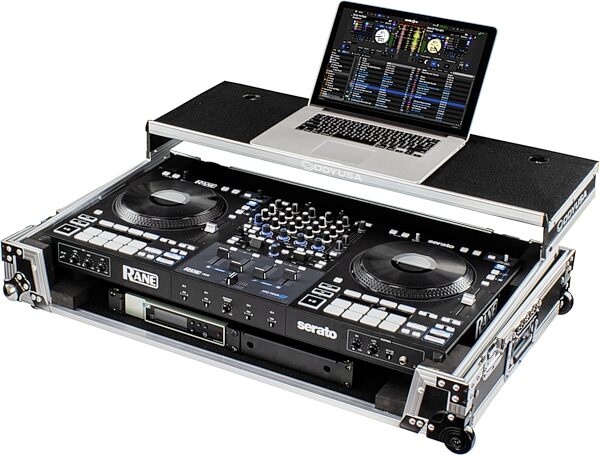 open zoom image for Odyssey Rane Four 1U-Flight Case with Glide Style Laptop Platform and Wheels, Standard Black/Silver, Action Position Back