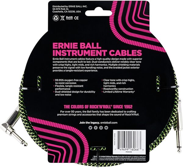 open zoom image for Ernie Ball Braided Straight/Angle Instrument Cable, Black and Green, 25 foot, Action Position Back