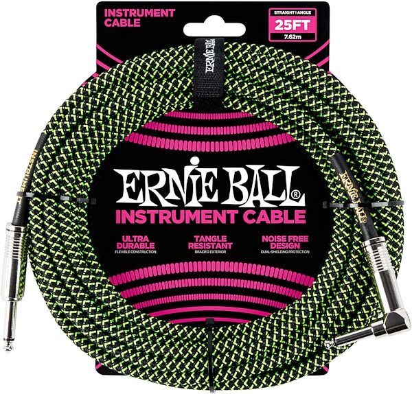 open zoom image for Ernie Ball Braided Straight/Angle Instrument Cable, Black and Green, 25 foot, Action Position Back