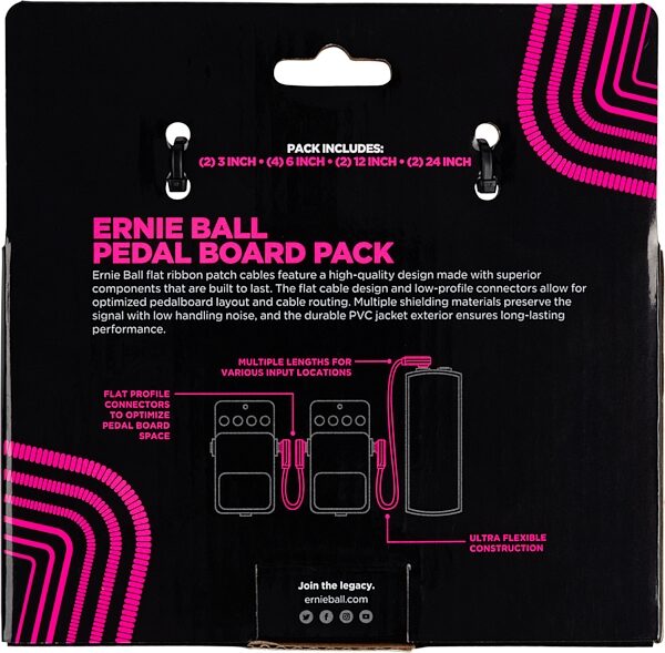 open zoom image for Ernie Ball Flat Ribbon Patch Cable Kit, Black, Pedalboard Pack, with 10 Cables, Action Position Back