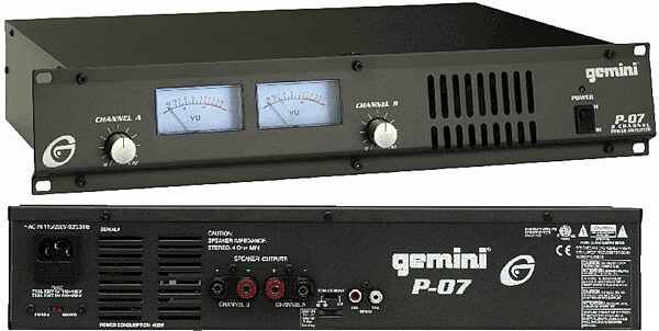 open zoom image for Gemini P07 Rackmount Stereo Power Amplifier (90 Watts), Angle & Rear