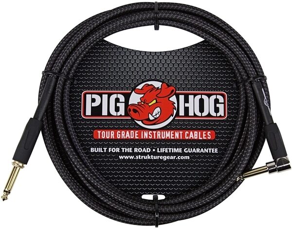 open zoom image for Pig Hog Vintage Series Instrument Cable, 1/4" Straight to 1/4" Right Angle, Black Woven, 10 foot, Woven