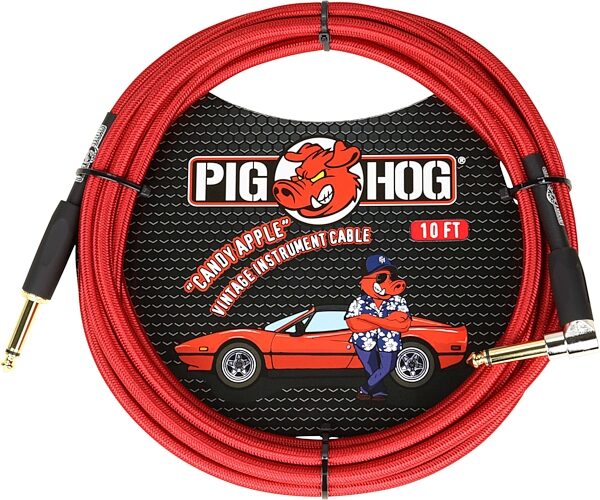 open zoom image for Pig Hog Vintage Series Instrument Cable, 1/4" Straight to 1/4" Right Angle, Candy Apple Red, 10 foot, Action Position Back