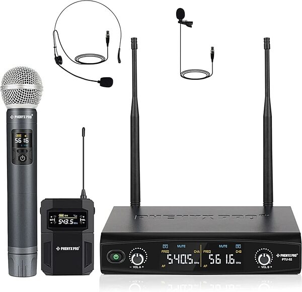 open zoom image for Phenyx Pro PTU-52-1H1B Dual-Channel UHF Handheld/Headset/Lavalier Combo Wireless Microphone System, New, Action Position Back