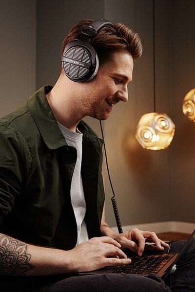 open zoom image for Beyerdynamic DT 990 PRO 250-Ohm Open-Back Headphones, Original Black with Gray Earpads, includes 3-meter coiled cable, In Use