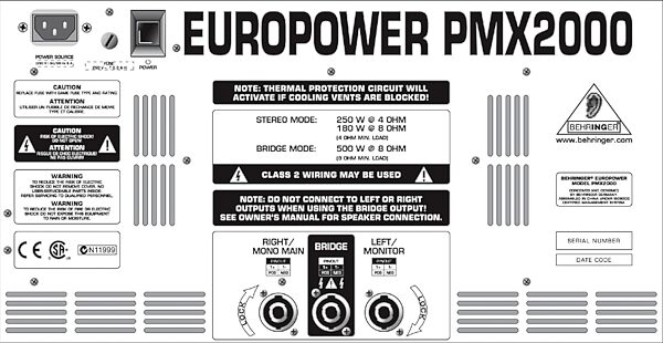 open zoom image for Behringer PMH2000 Europower 10-Channel Powered Mixer with FX (2x250 Watts), Rear