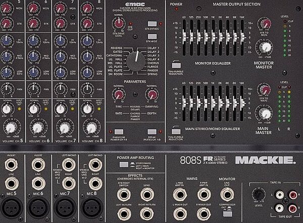 open zoom image for Mackie 808S Powered Mixer (Stereo, 1200 Watts), Front Panel Detail