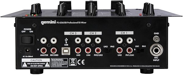 open zoom image for Gemini PS626USB Professional 3-Channel USB Mixer, Back