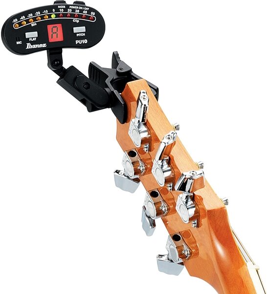 open zoom image for Ibanez PU10 Guitar and Bass Clip-On Tuner, On Guitar Neck