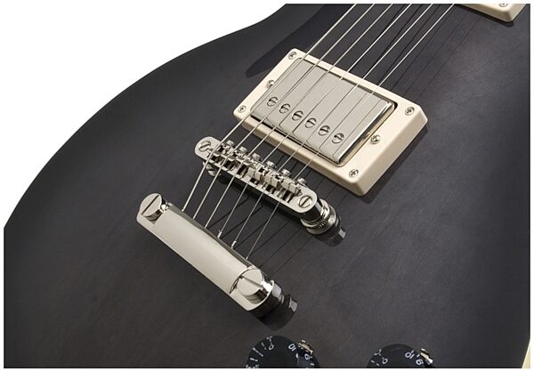 open zoom image for Epiphone Tribute Les Paul Standard Electric Guitar (with Case), Translucent Black - Bridge