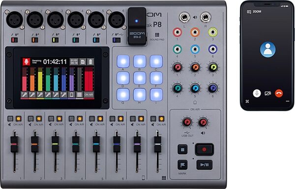 open zoom image for Zoom PodTrak P8 Podcast Recorder and Mixer, Open Box (Like New), Action Position Front