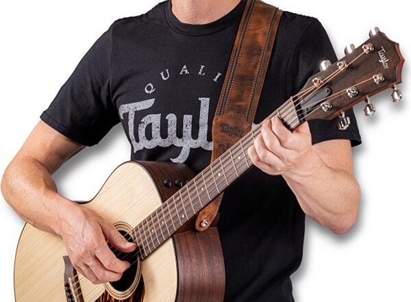 open zoom image for Taylor Fountain 2.5" Leather Guitar Strap, Brown, Action Position Back