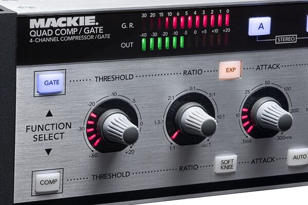open zoom image for Mackie QuadCompGate 4-Channel Digital Compressor/Gate, Left Close 3