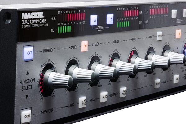open zoom image for Mackie QuadCompGate 4-Channel Digital Compressor/Gate, Left Close 4