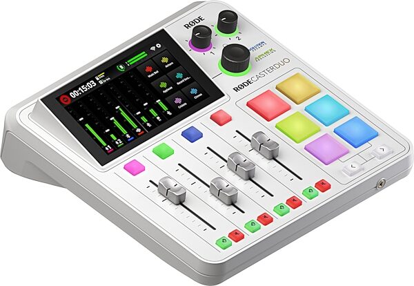 open zoom image for Rode RODECaster Duo Compact Audio Studio, White, Action Position Back