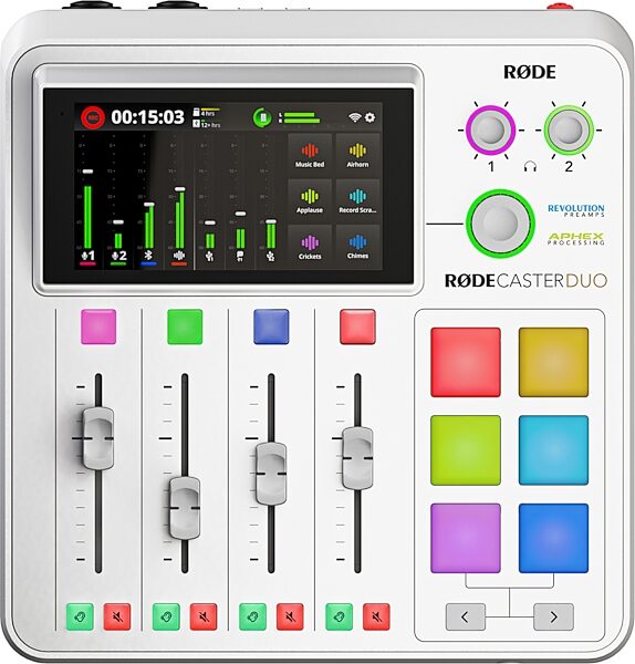 open zoom image for Rode RODECaster Duo Compact Audio Studio, White, Action Position Back