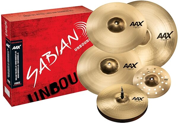 open zoom image for Sabian AAX Praise and Worship Cymbal Pack, 14 inch Hats, 16 + 18 inch Crash, and 21 inch Ride, with 10 inch Aero Splash, Main with all components Front
