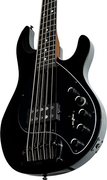 open zoom image for Sterling by Music Man DarkRay 5 Bass Guitar, 5-String, Black, Ebony Fretboard, Action Position Front