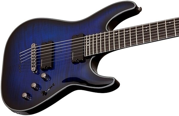 open zoom image for Schecter Blackjack SLS C-7 Electric Guitar, 7-String, See-Thru Blue Burst - Body Closeup
