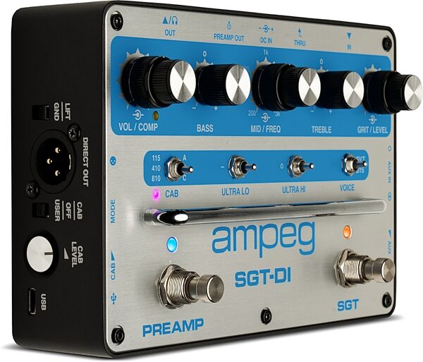 open zoom image for Ampeg SGT-DI Blue Line Anniversary Edition Dual-Voice Preamp Compressor and DI Pedal, New, Action Position Back