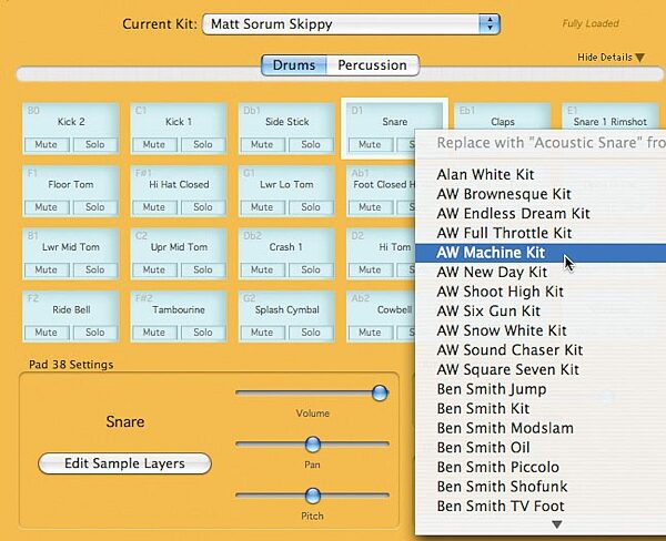 open zoom image for Submersible Music DrumCore Drum Synth (Macintosh and Windows), Screenshot - Drum Kit