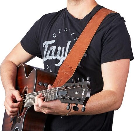 open zoom image for Taylor Gemstone 2.5" Sanded Leather Guitar Strap, Medium Brown, Action Position Back