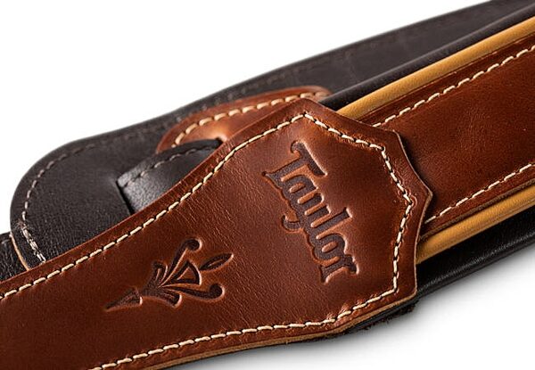 open zoom image for Taylor Century Leather Guitar Strap, Medium Brown/Butterscotch/Black, Action Position Back