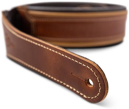 open zoom image for Taylor Century Leather Guitar Strap, Medium Brown/Butterscotch/Black, Action Position Back