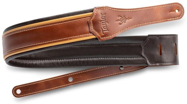 open zoom image for Taylor Century Leather Guitar Strap, Medium Brown/Butterscotch/Black, Action Position Back