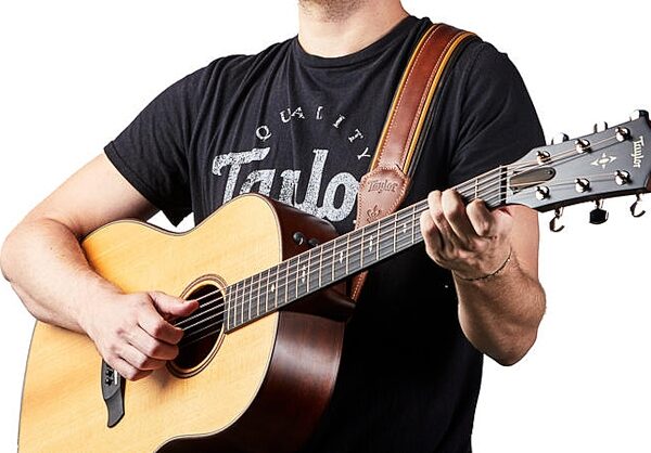 open zoom image for Taylor Century Leather Guitar Strap, Medium Brown/Butterscotch/Black, Action Position Back