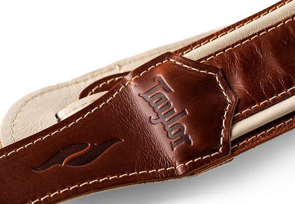 open zoom image for Taylor Element 2.5" Leather Guitar Strap, Brown/Cream, Action Position Back