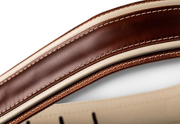 open zoom image for Taylor Element 2.5" Leather Guitar Strap, Brown/Cream, Action Position Back