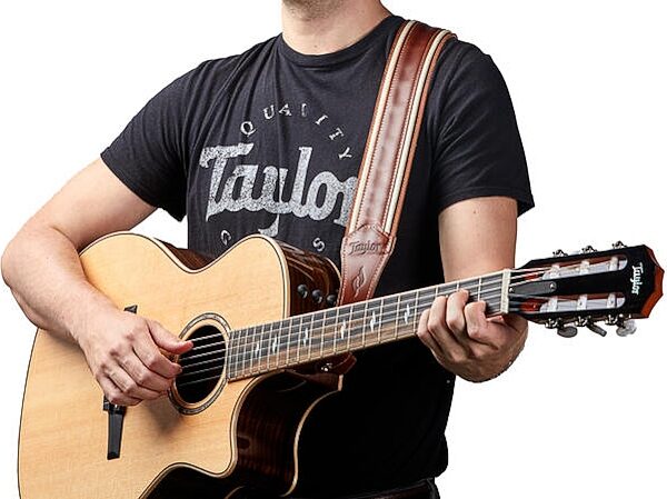 open zoom image for Taylor Element 2.5" Leather Guitar Strap, Brown/Cream, Action Position Back
