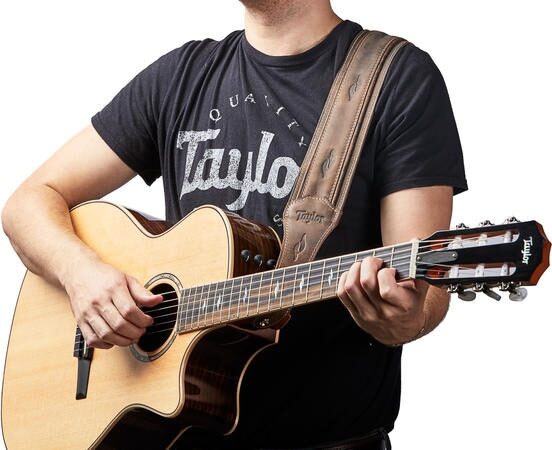 open zoom image for Taylor Element 3" Distressed Leather Guitar Strap, Brown, Action Position Back