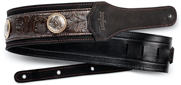 open zoom image for Taylor Grand Pacific 3" Nickel Concho Leather Guitar Strap, Black, Main