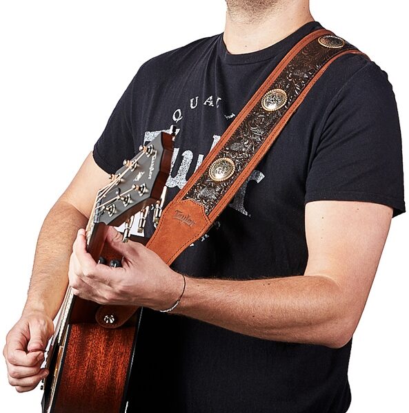 open zoom image for Taylor Grand Pacific 3" Nickel Concho Leather Guitar Strap, Brown, In Use