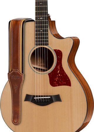 open zoom image for Taylor Century Leather Guitar Strap, Medium Brown/Butterscotch/Black, Action Position Back