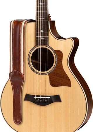 open zoom image for Taylor Element 2.5" Leather Guitar Strap, Brown/Cream, Action Position Back