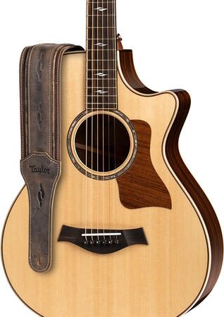 open zoom image for Taylor Element 3" Distressed Leather Guitar Strap, Brown, Action Position Back