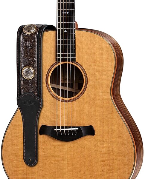 open zoom image for Taylor Grand Pacific 3" Nickel Concho Leather Guitar Strap, Black, In Use