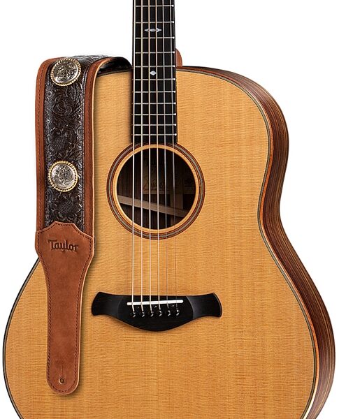 open zoom image for Taylor Grand Pacific 3" Nickel Concho Leather Guitar Strap, Brown, In Use