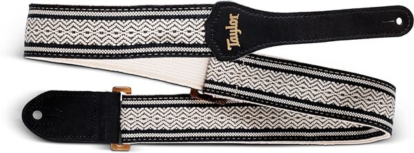 open zoom image for Taylor 2" Academy Jacquard Leather Guitar Strap (with Amber Buckle), White/Black, Amber Buckle, Action Position Back