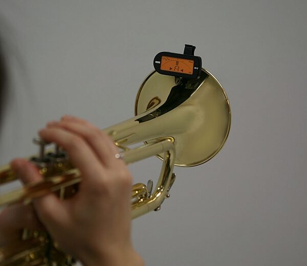 open zoom image for Korg AW2G Clip-On Guitar Tuner, In Use - Trumpet
