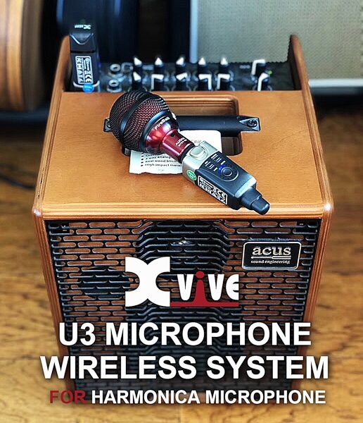 open zoom image for Xvive U3 Digital Plug-On Wireless System for XLR Dynamic Microphones, Black, In Use -- U3 for Harmonica