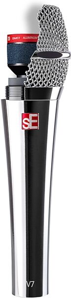 open zoom image for sE Electronics V7 Handheld Supercardioid Dynamic Vocal Microphone, Chrome, includes both Black and Red internal windscreens, Action Position Back