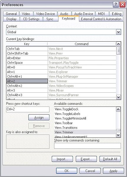 open zoom image for Sony Vegas Digital Video and Audio Software (Windows), Customizable Keyboard Mapping